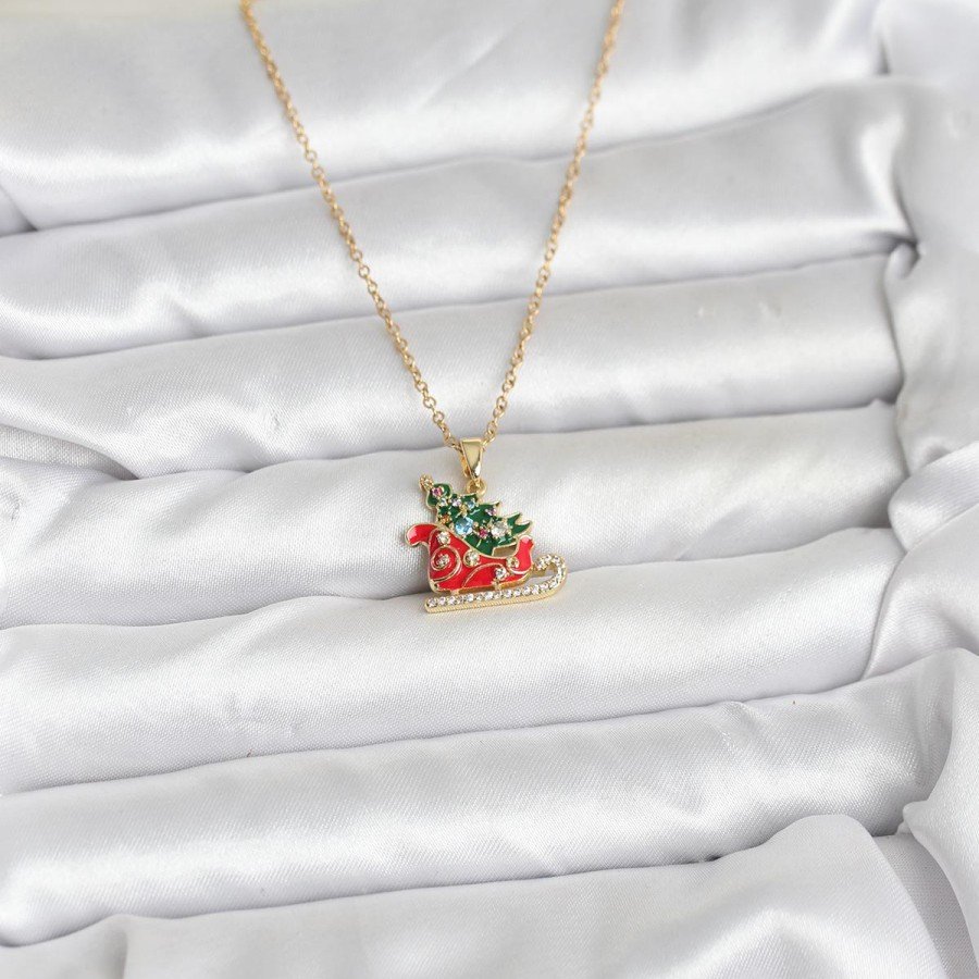 316L Steel Chain Gold Color New Year Themed Women s Necklace with Sleigh and Pine Tree Figures