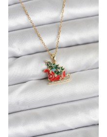 316L Steel Chain Gold Color New Year Themed Women's Necklace with Sleigh and Pine Tree Figures