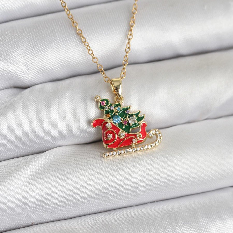 316L Steel Chain Gold Color New Year Themed Women s Necklace with Sleigh and Pine Tree Figures