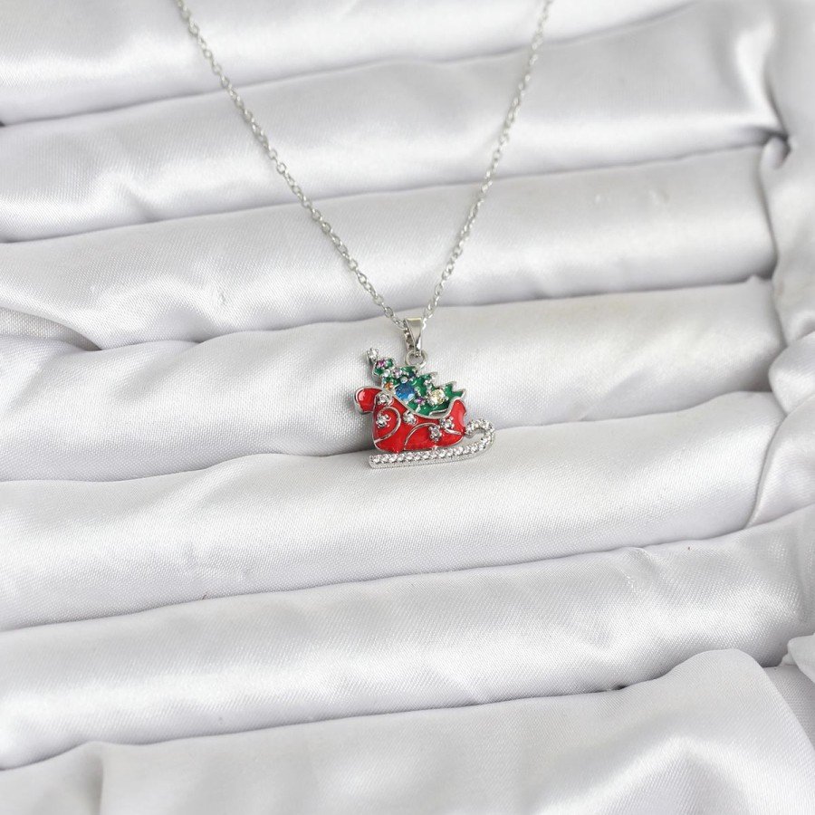 316L Steel Chain Silver Color New Year Themed Women s Necklace with Sleigh and Pine Tree Figures
