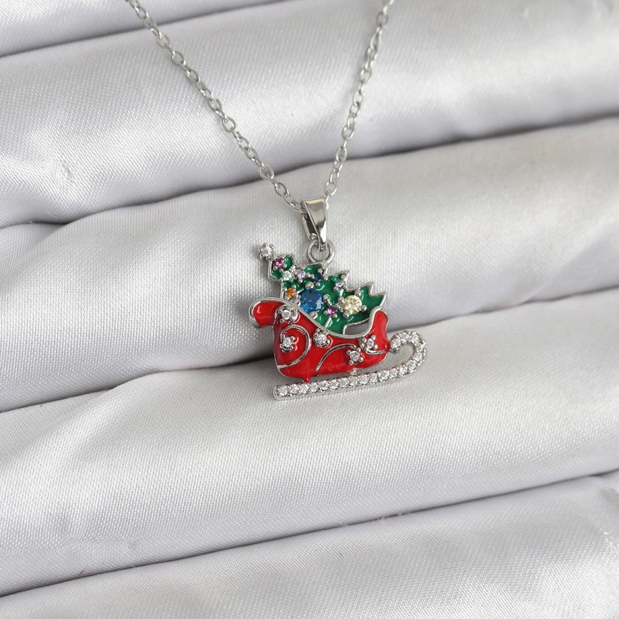 316L Steel Chain Silver Color New Year Themed Women s Necklace with Sleigh and Pine Tree Figures