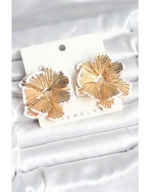 Brass Gold Color White Enamel Detailed Lotus Women's Earrings