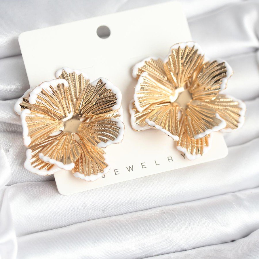 Brass Gold Color White Enamel Detailed Lotus Women s Earrings Brass Gold Color White Enamel Detailed Lotus Women s Earrings