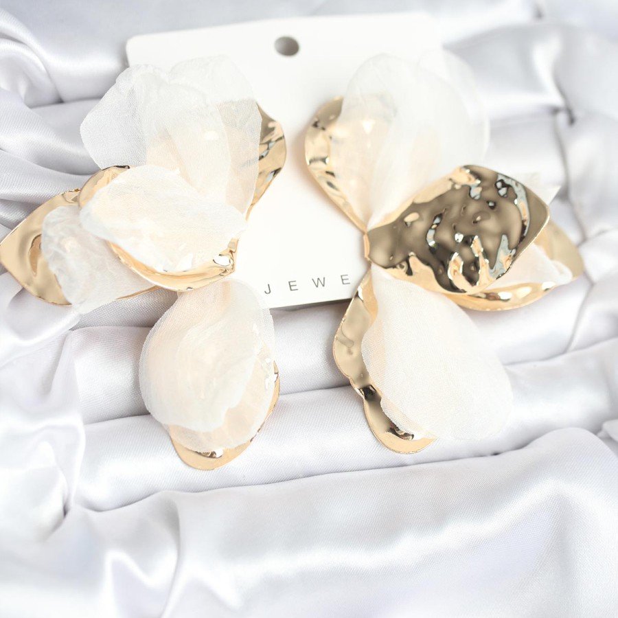 Brass Gold Color White Tulle Lotus Women s Earrings Brass Gold Color White Tulle Lotus Women s Earrings
