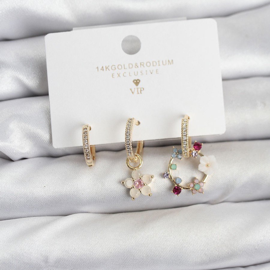 Flower Model Gold Color Brass 3-Piece Women s Earring Set