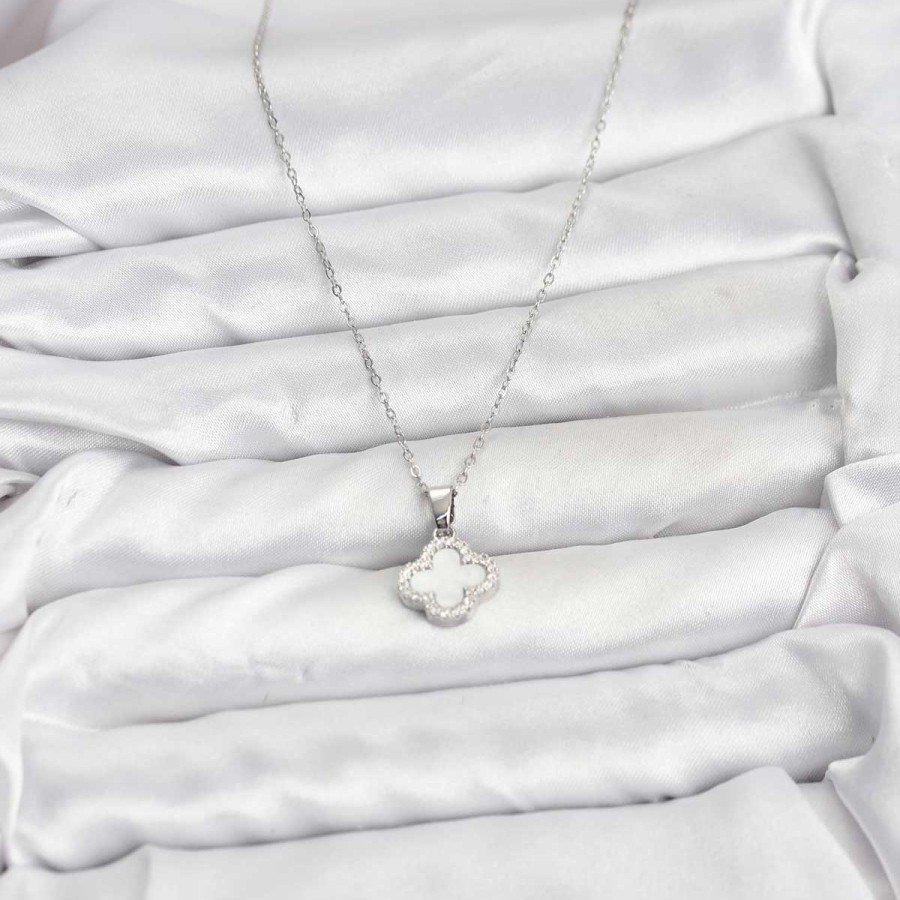 316L Steel Chain Silver Color Pearlescent Clover Women s Necklace 316L Steel Chain Silver Color Pearlescent Clover Women s Necklace