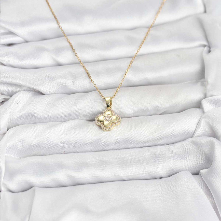 316L Steel Chain Gold Color Zircon Stone Clover Model Women s Necklace