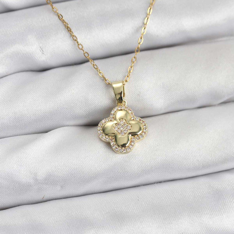 316L Steel Chain Gold Color Zircon Stone Clover Model Women s Necklace