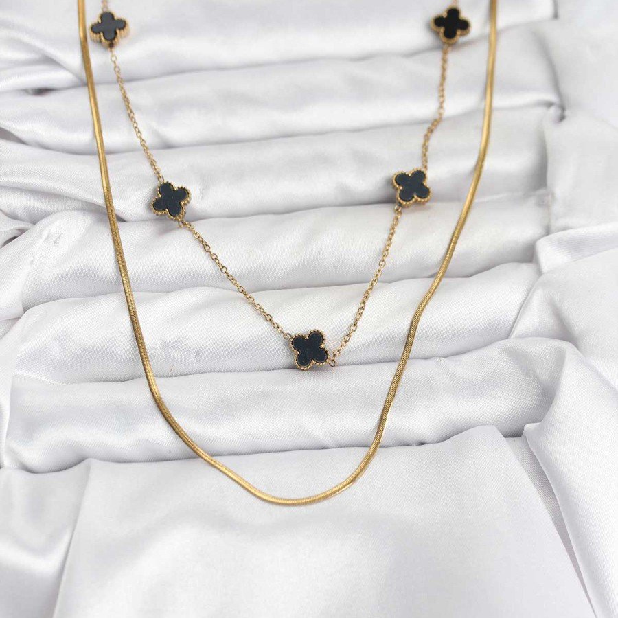 316L Steel Chain Gold Color Italian Chain Black Clover Model Women s Necklace