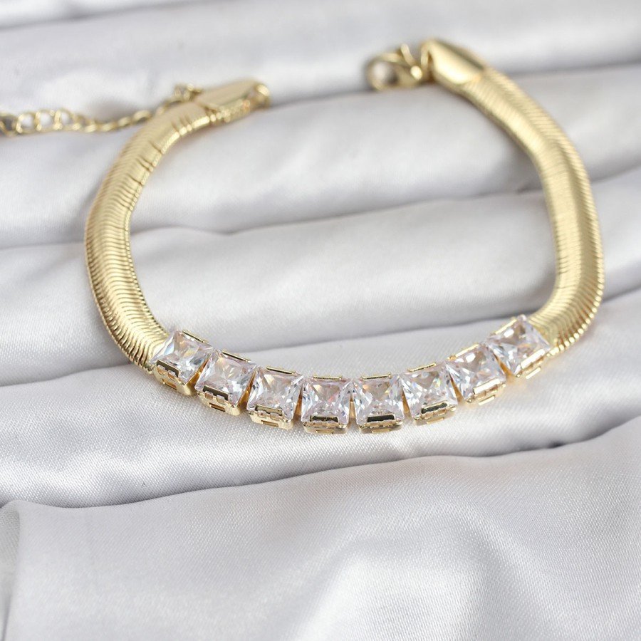 316L Steel Gold Color Square Zircon Stone Women s Bracelet with Snake Chain