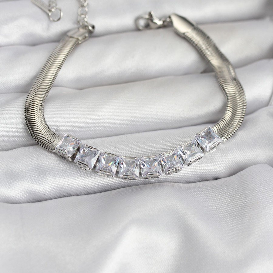 316L Steel Silver Color Square Zircon Stone Snake Chain Women s Bracelet