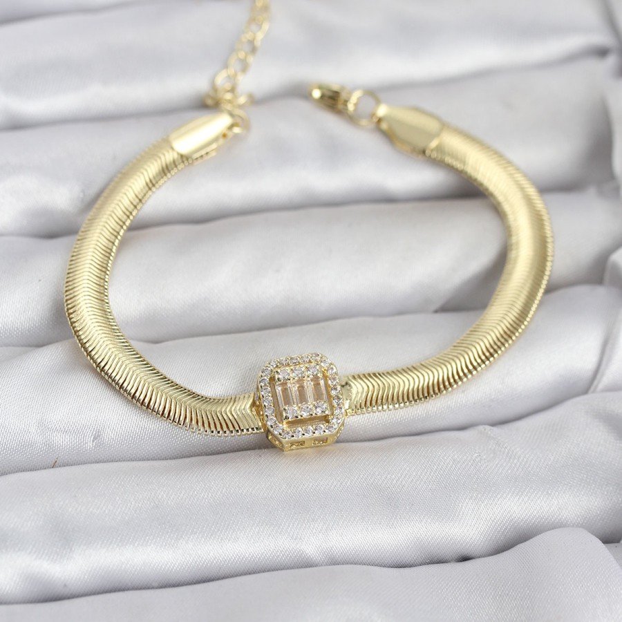 316L Steel Gold Color Baguette Zircon Stone Women s Bracelet with Snake Chain