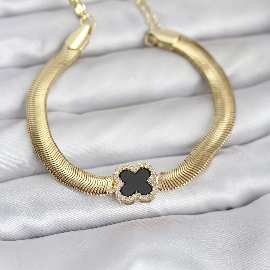 316L Steel Gold Color Black Clover Model Zircon Stone Snake Chain Women s Bracelet