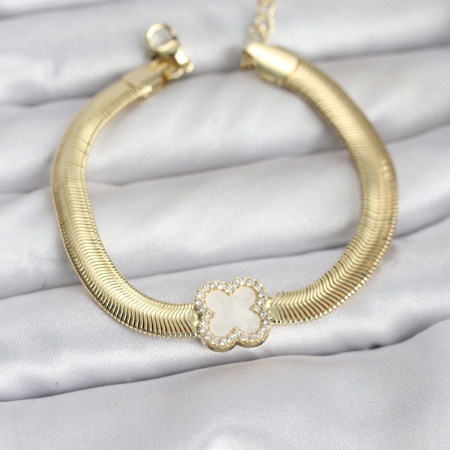 316L Steel Gold Color White Clover Model Zircon Stone Snake Chain Women s Bracelet