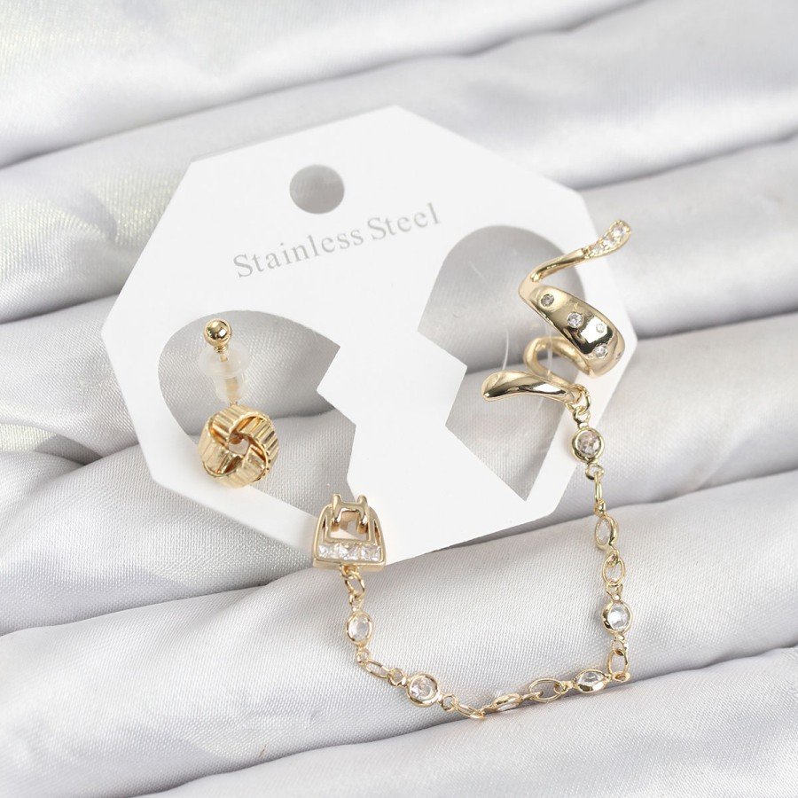 Brass Gold Color Snake Model Chain Link Ear Cuff Earring Set