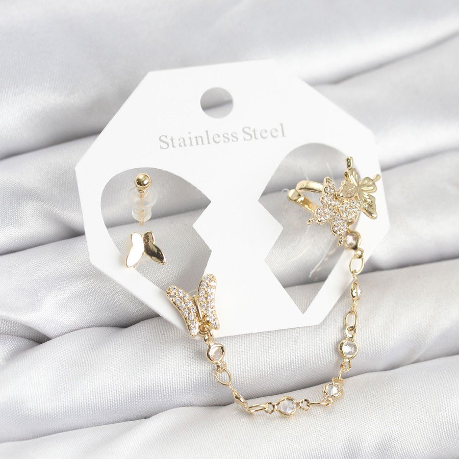Brass Gold Color Butterfly Model Chain Link Ear Cuff Earring Set