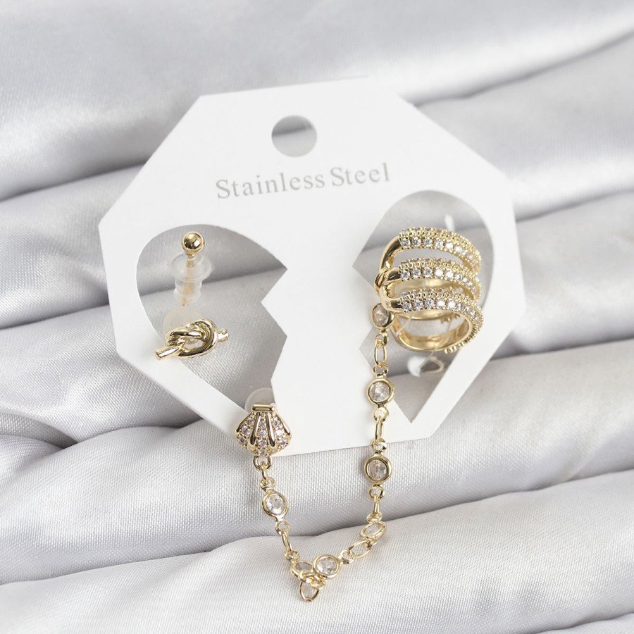 Brass Gold Color Spiral Model Chain Link Ear Cuff Earring Set