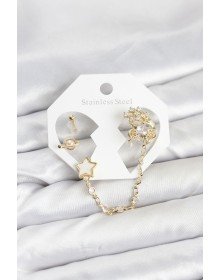 Brass Gold Color Star Model Chain Link Ear Cuff Earring Set