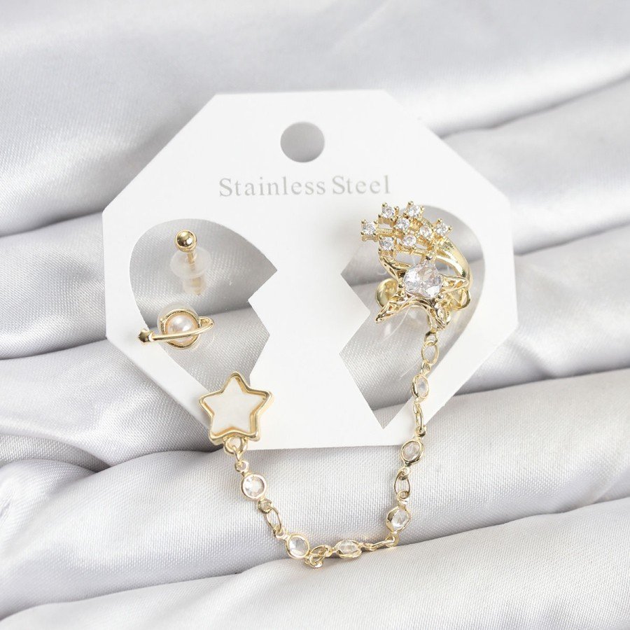Brass Gold Color Star Model Chain Link Ear Cuff Earring Set