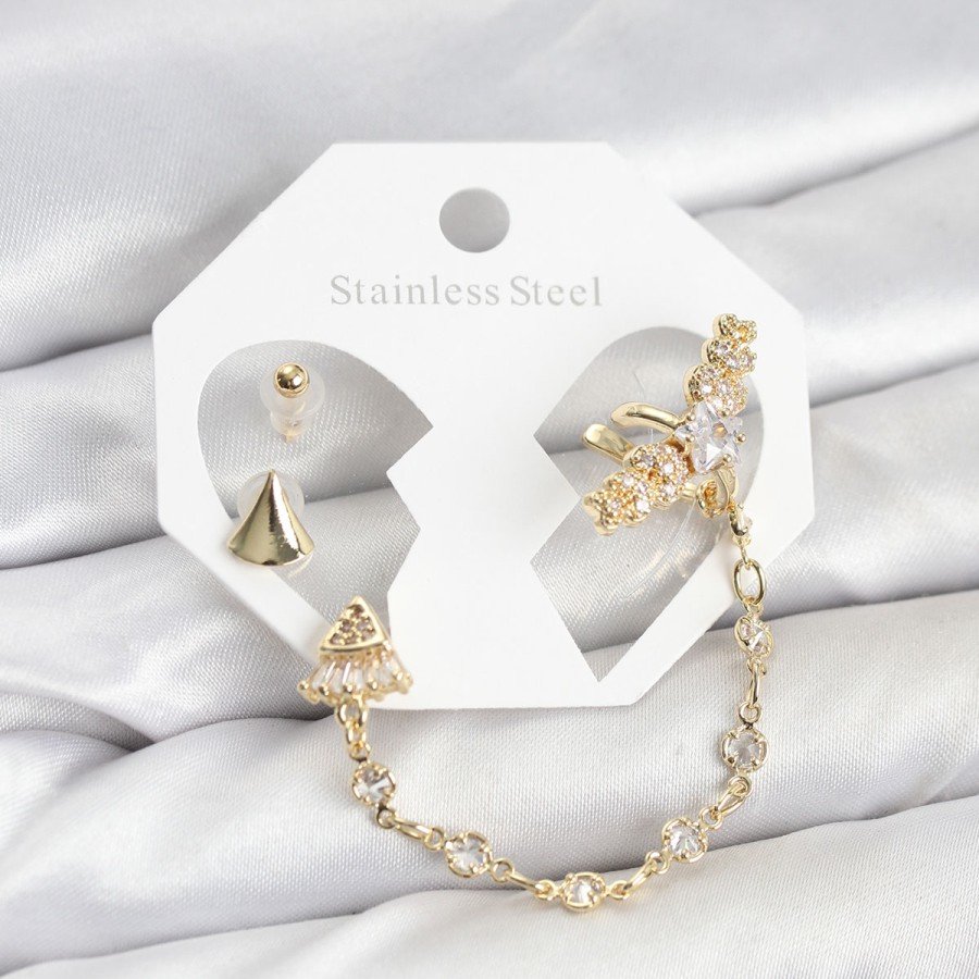 Brass Gold Color Star Model Chain Link Ear Cuff Earring Set