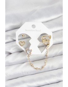 Brass Gold Color Heart Model Chain Link Ear Cuff Earring Set