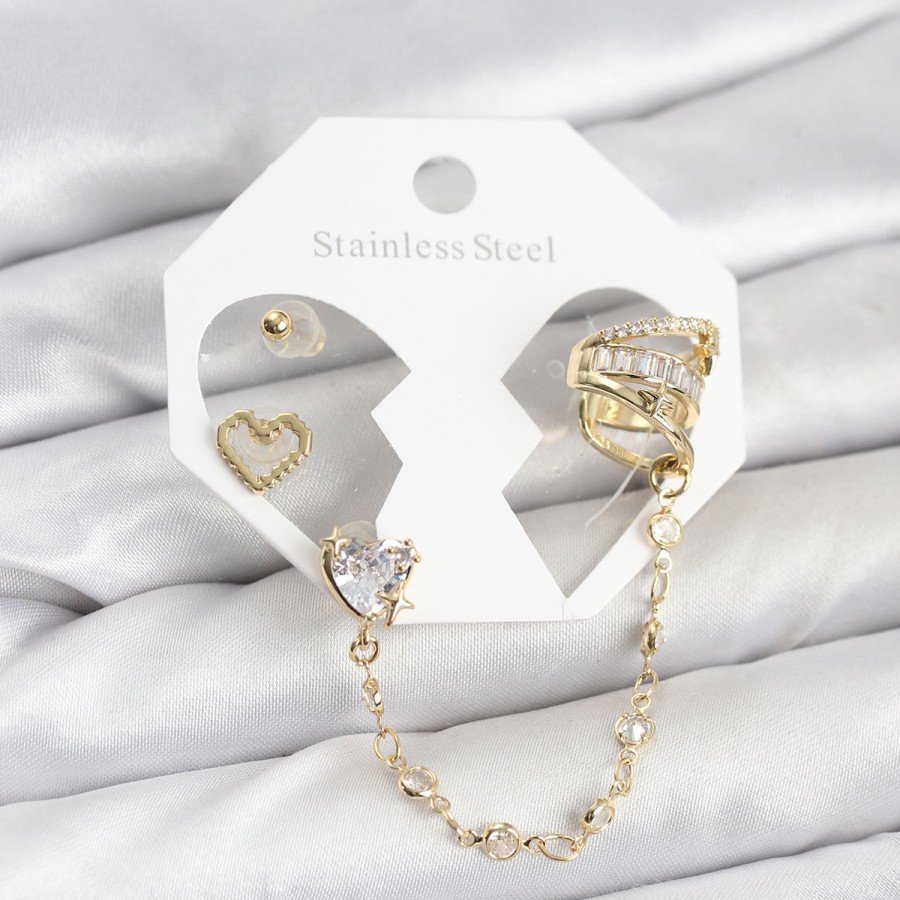 Brass Gold Color Heart Model Chain Link Ear Cuff Earring Set