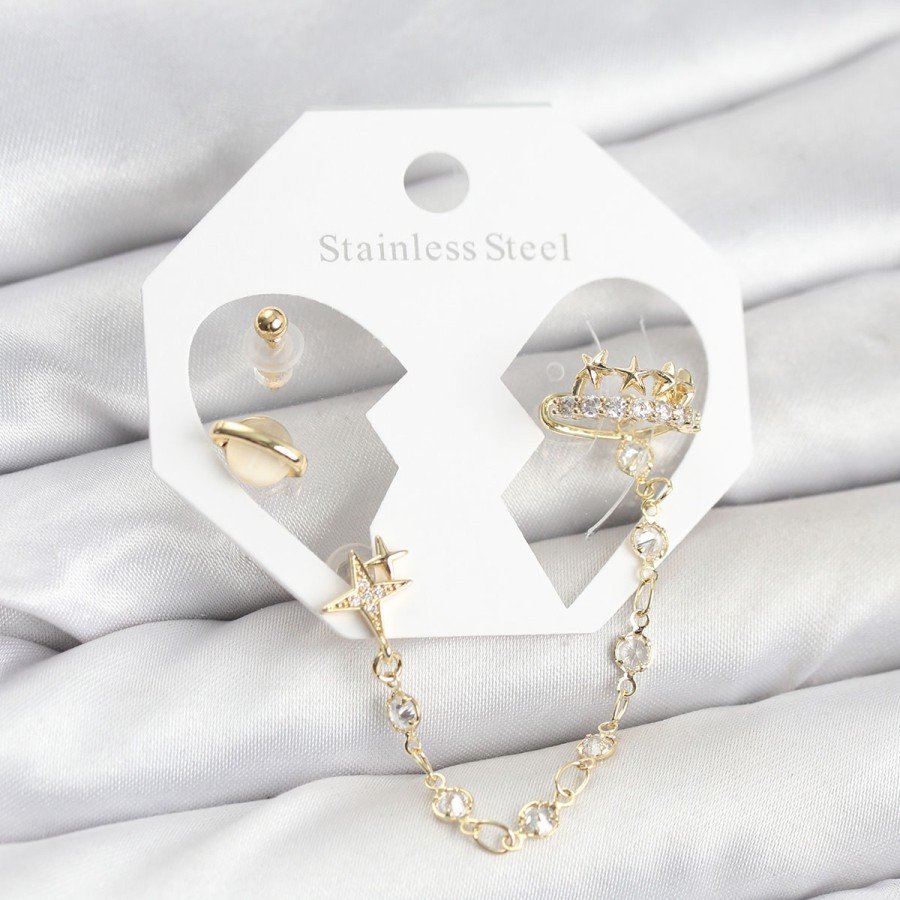 Brass Gold Color Space Model Chain Link Ear Cuff Earring Set