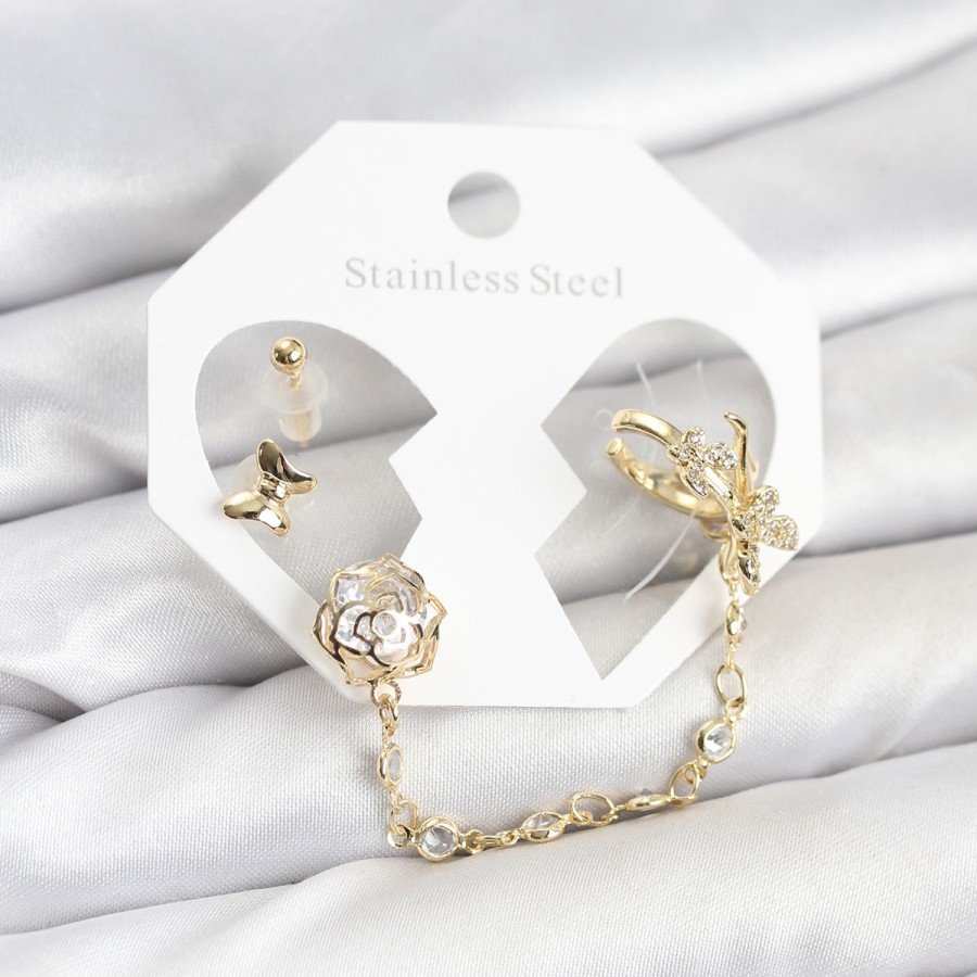 Brass Gold Color Butterfly Model Chain Link Ear Cuff Earring Set