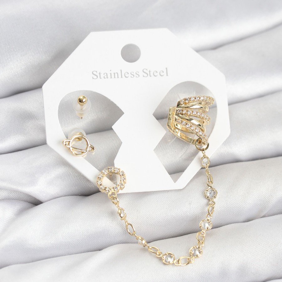Space Model Brass Gold Color Chain Link Ear Cuff Earring Set