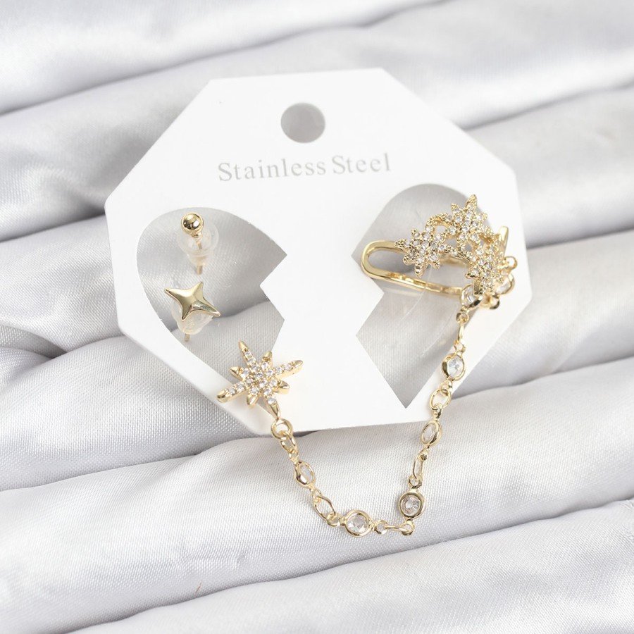 Polar Star Model Brass Gold Color Chain Link Ear Cuff Earring Set