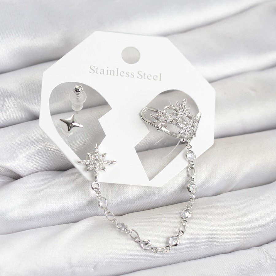 Polar Star Model Brass Silver Color Chain Link Ear Cuff Earring Set