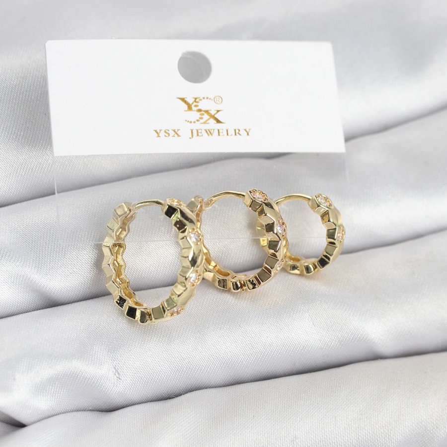 Brass Gold Color Zircon Stone Honeycomb Ring Model YSX Trio Earring Set