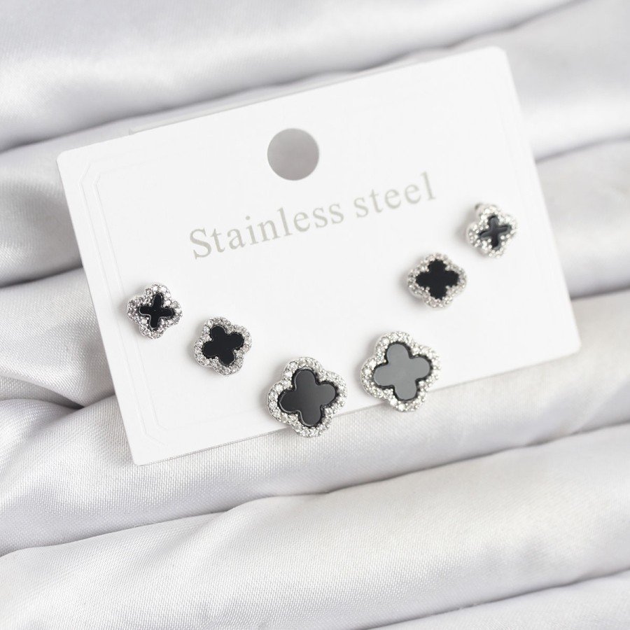 316L Steel Silver Color Zircon Stone Clover Model Women s Earring Set