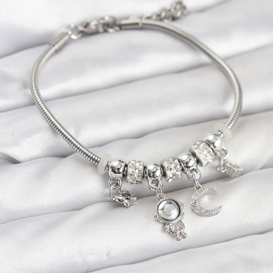 Brass Silver Color Space Theme Charm Women s Bracelet