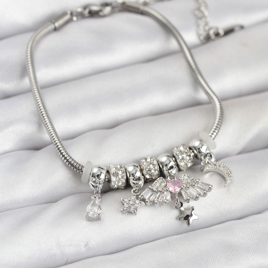 Brass Silver Color Winged Charm Women s Bracelet