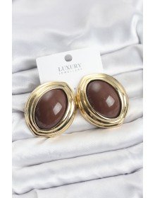 Brass Brown Almond Model Vintage Gold Women's Earrings