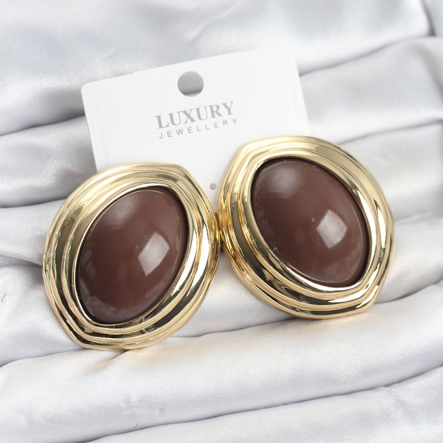 Brass Brown Almond Model Vintage Gold Women s Earrings