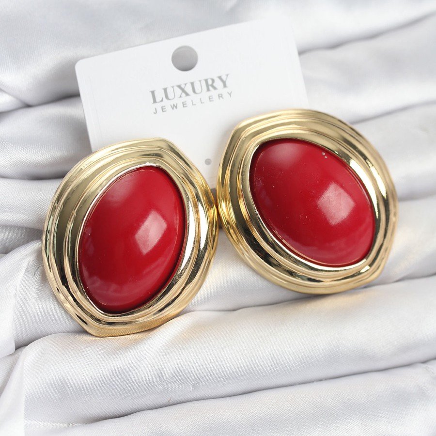 Brass Red Almond Model Vintage Gold Women s Earrings