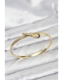Brass Gold Color Zircon Stone Bow Model Women's Handcuff Bracelet