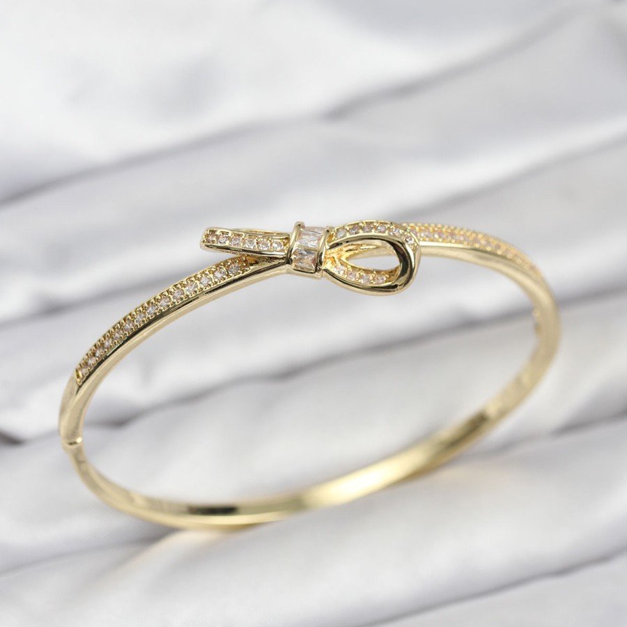 Brass Gold Color Zircon Stone Bow Model Women s Handcuff Bracelet