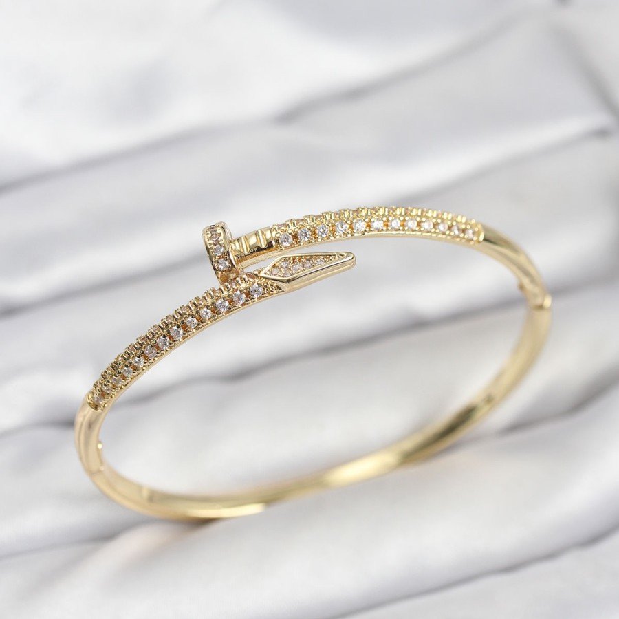 Brass Gold Color Zircon Stone Nail Model Women s Handcuff Bracelet