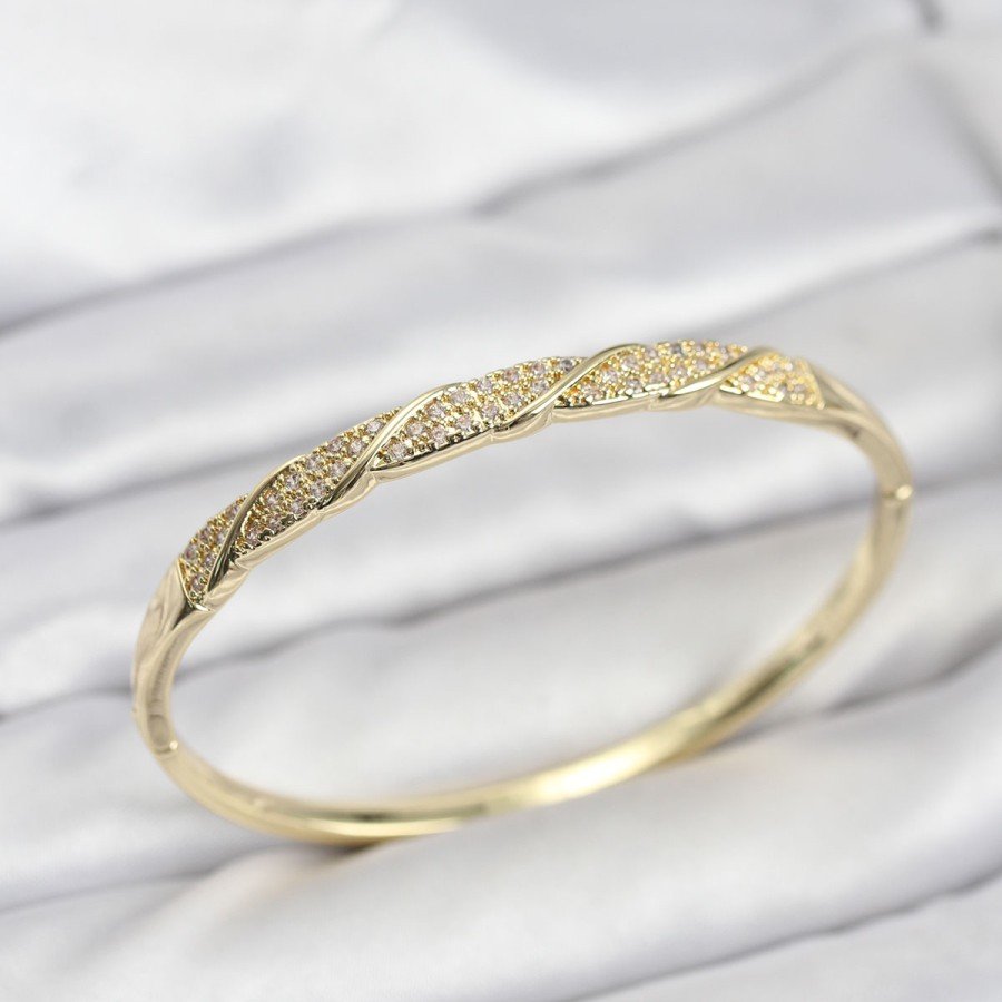 Brass Gold Color Zircon Stone Model Women s Handcuff Bracelet