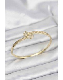 Brass Gold Color Zircon Stone Clover Model Women's Handcuff Bracelet