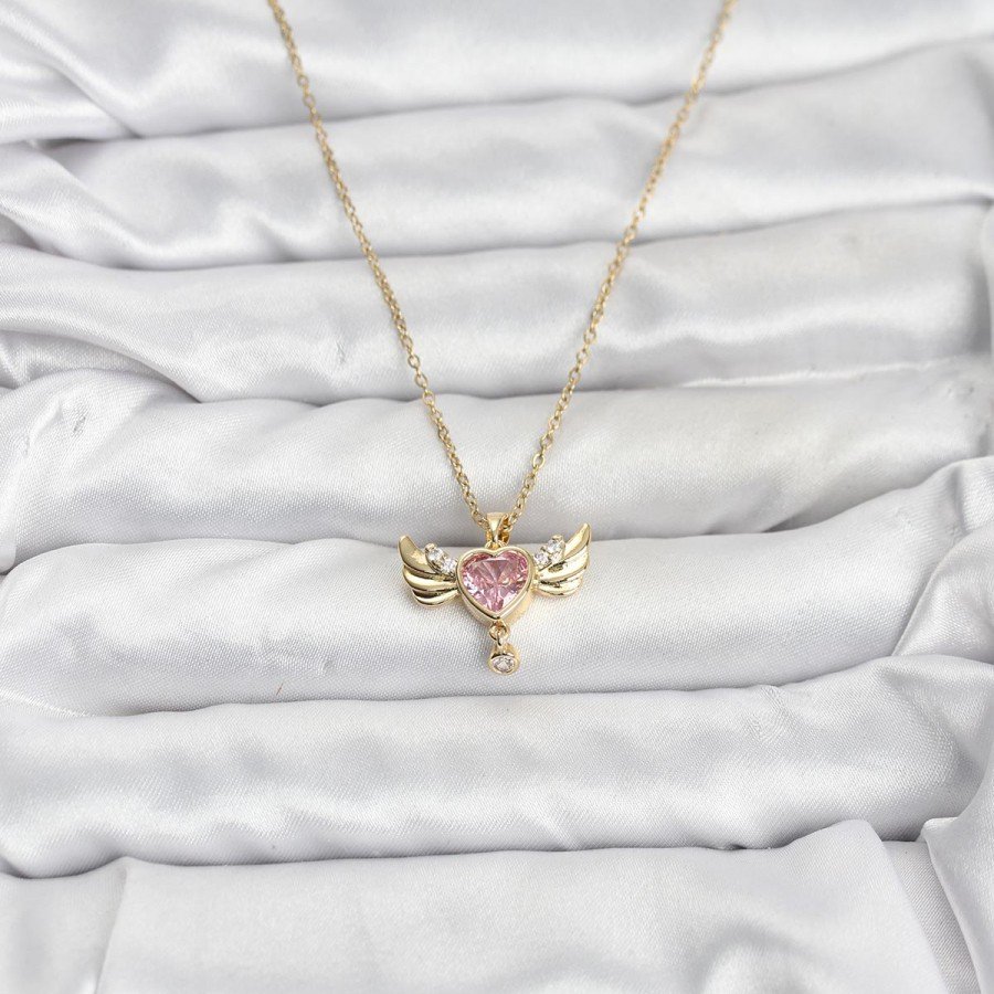 316L Steel Chain Gold Color Winged Heart Model Zircon Stone Women s Necklace