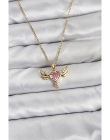 316L Steel Chain Gold Color Winged Heart Model Zircon Stone Women's Necklace