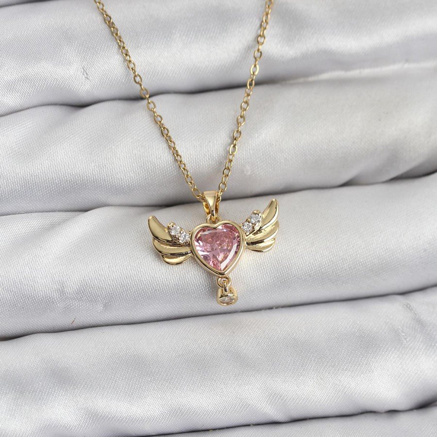 316L Steel Chain Gold Color Winged Heart Model Zircon Stone Women s Necklace