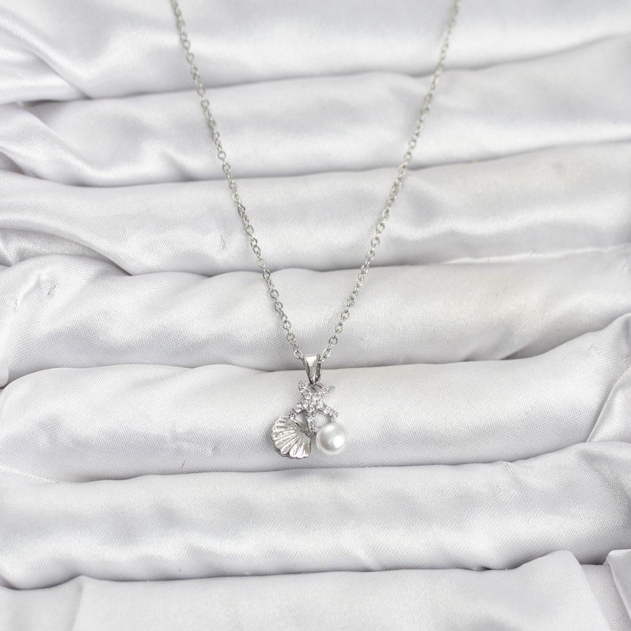 316L Steel Chain Silver Color Seashell and Starfish Model Zircon Stone Women s Necklace