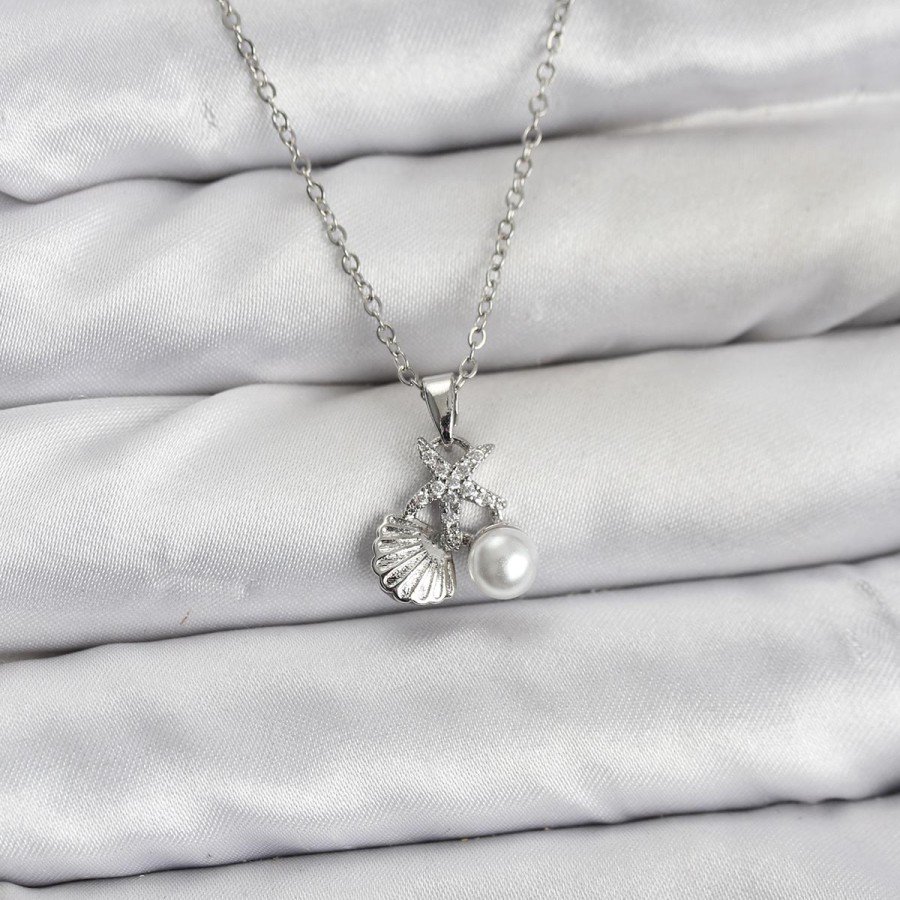 316L Steel Chain Silver Color Seashell and Starfish Model Zircon Stone Women s Necklace
