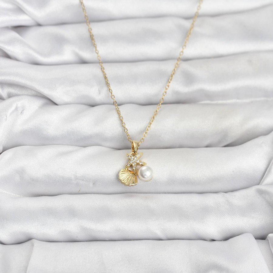 316L Steel Chain Gold Color Seashell and Starfish Model Zircon Stone Women s Necklace