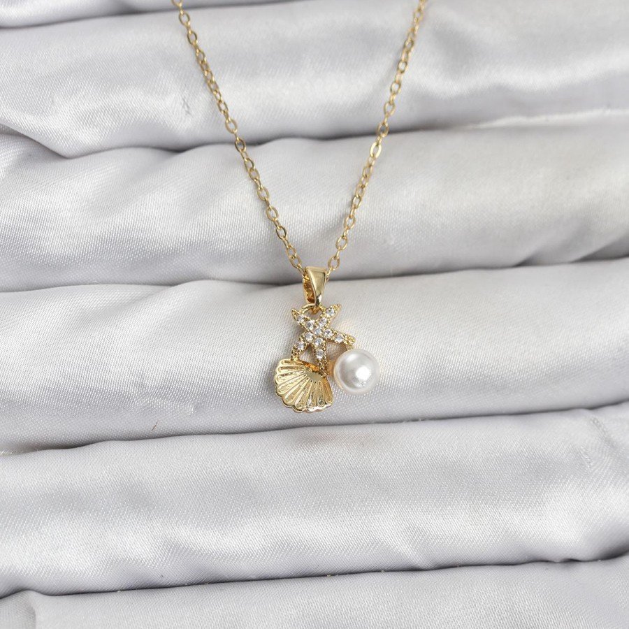 316L Steel Chain Gold Color Seashell and Starfish Model Zircon Stone Women s Necklace